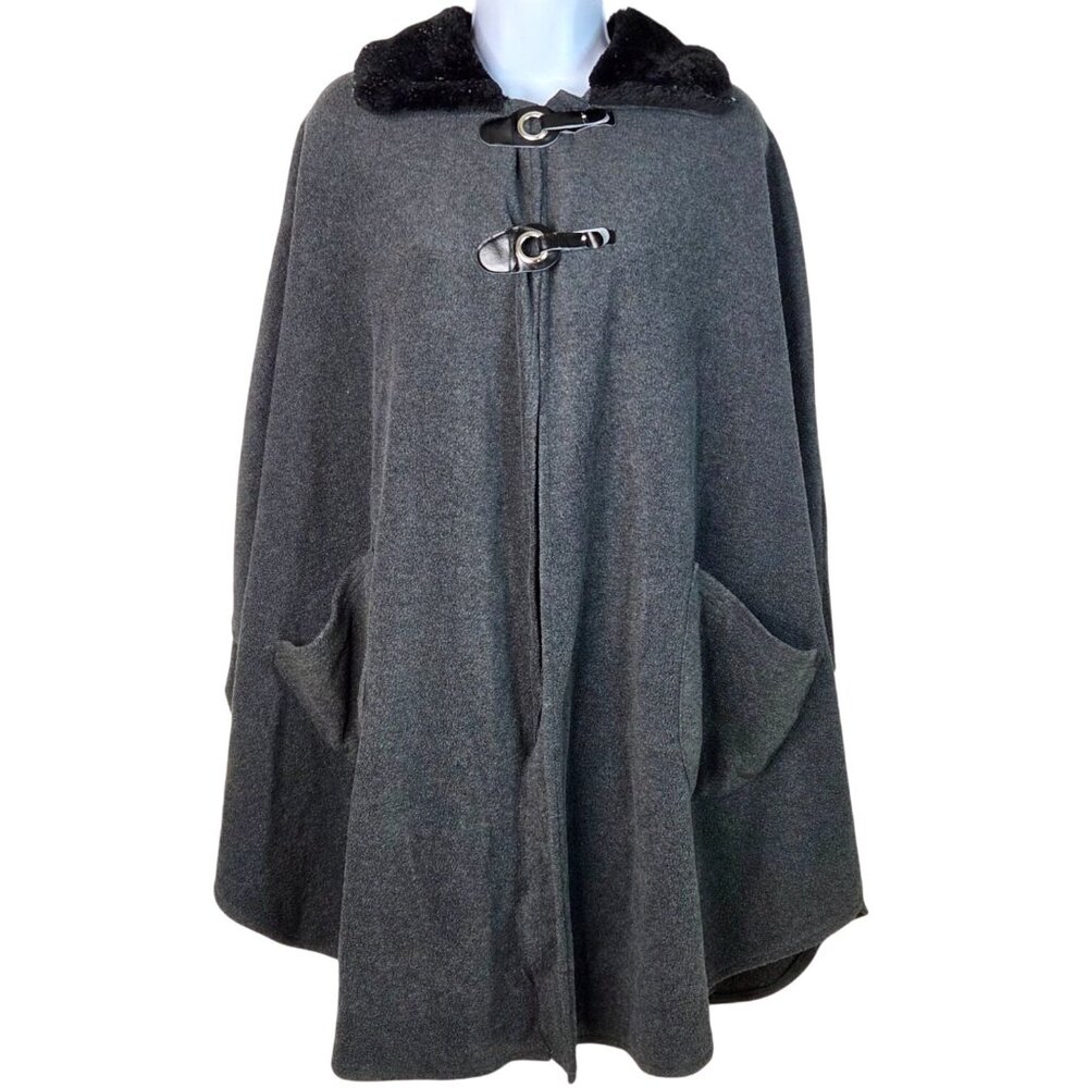 LeModa Gray Cape With Faux Fur Black Collar & Toggle Closure